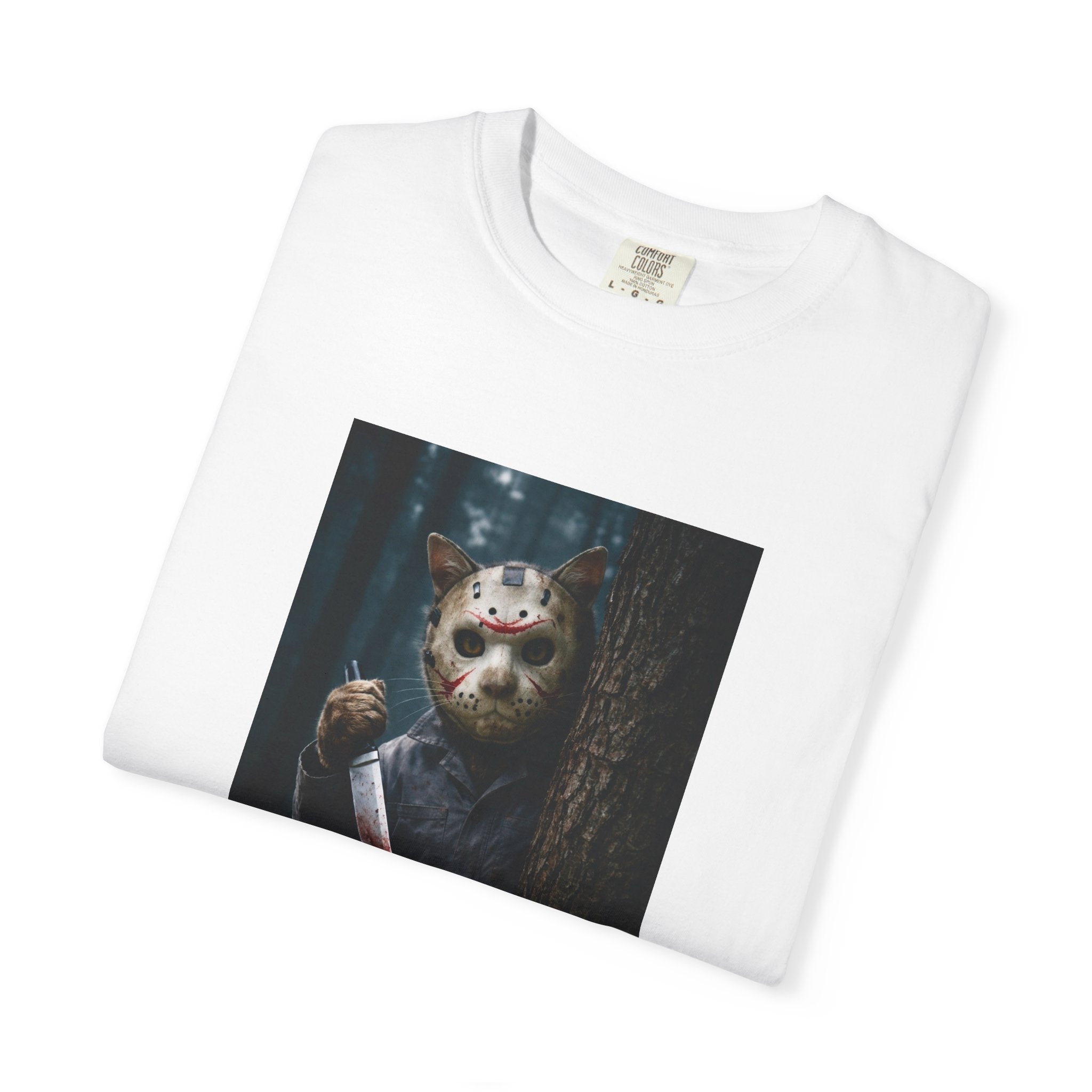 Horror Jason Cat Mask T-Shirt — Vintage Slasher Forest Graphic Tee