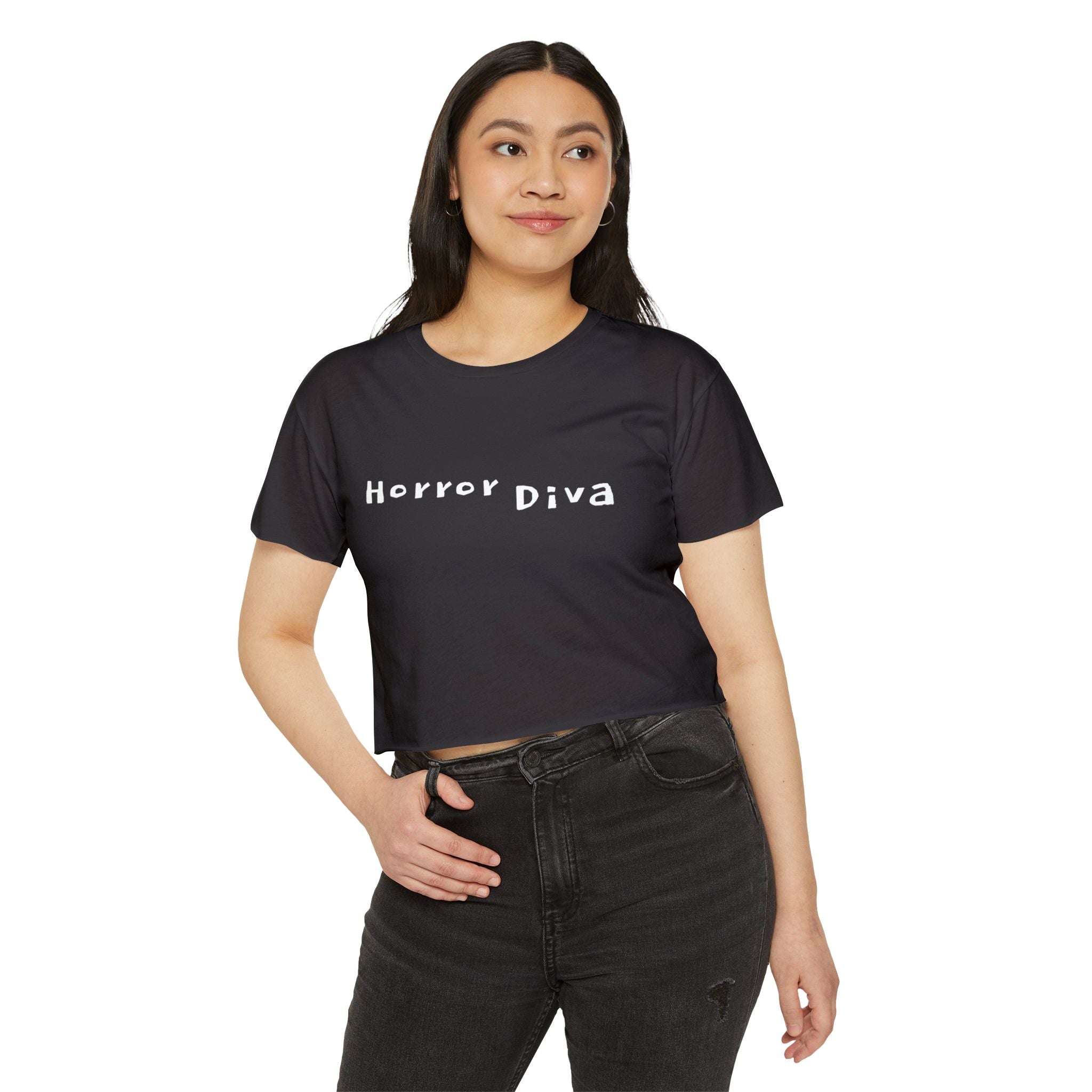 Horror Diva in White Font Gothic Festival Crop Top