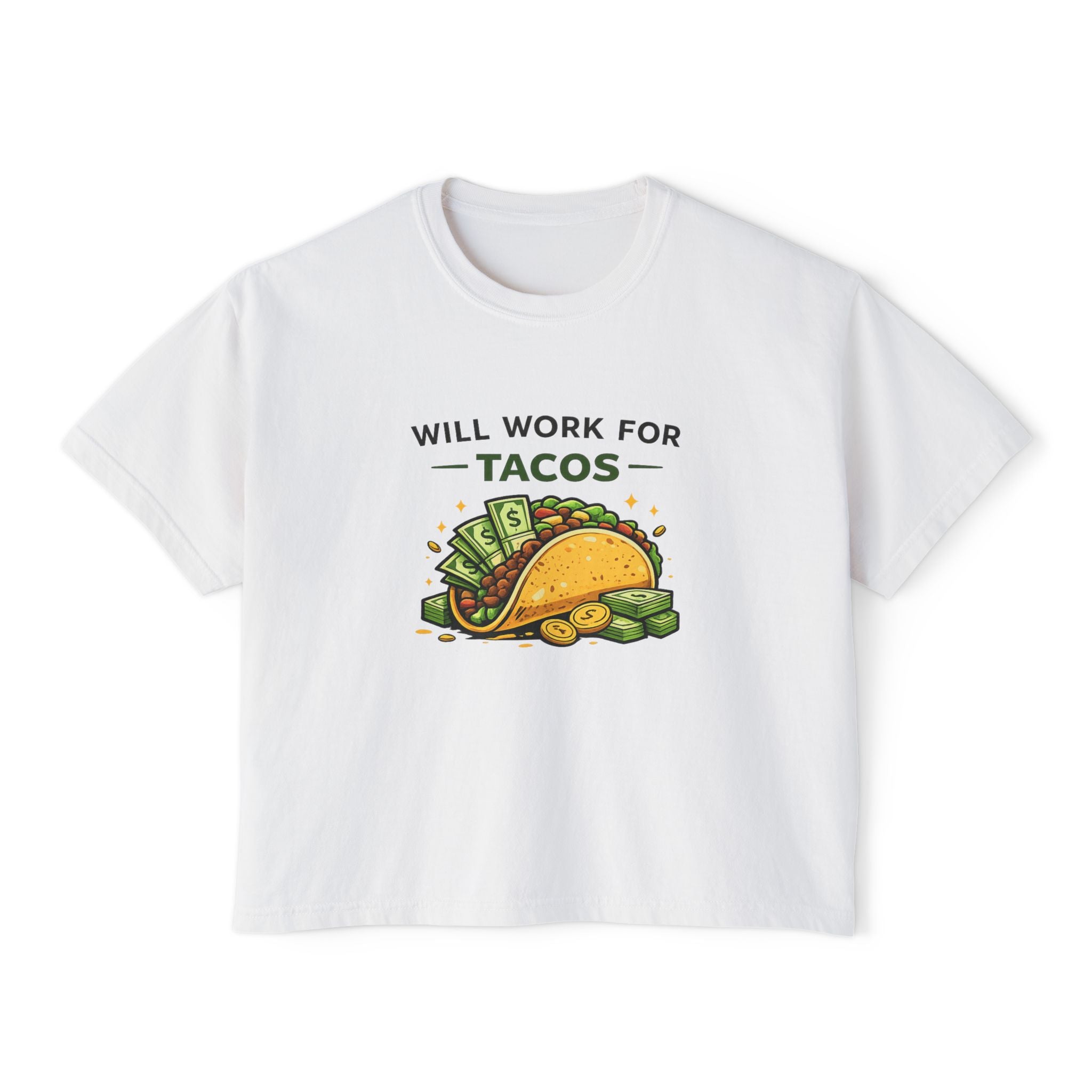 Will Work for Tacos Women's Boxy Tee — Funny Taco Lover Graphic T‑Shirt