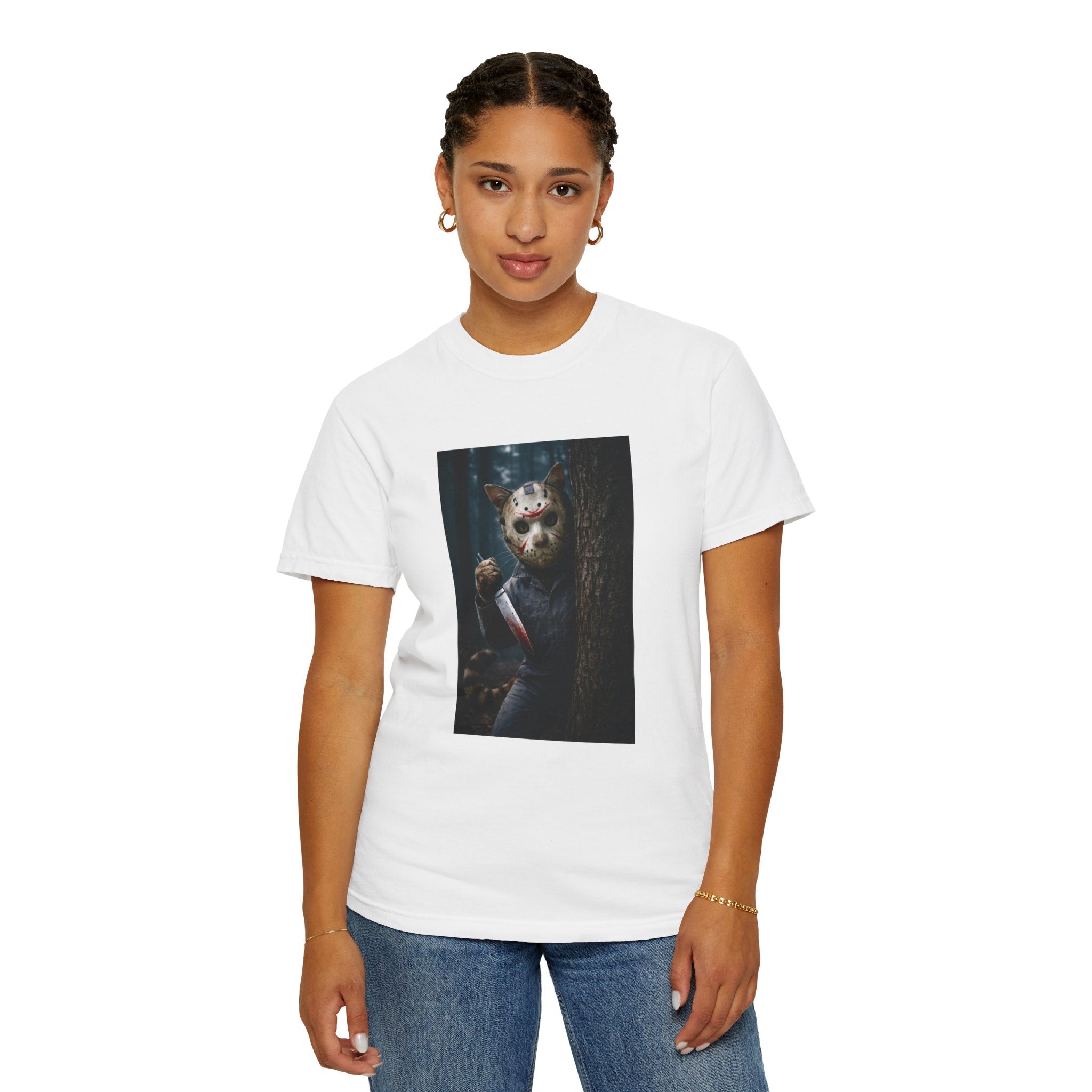 Horror Jason Cat Mask T-Shirt — Vintage Slasher Forest Graphic Tee