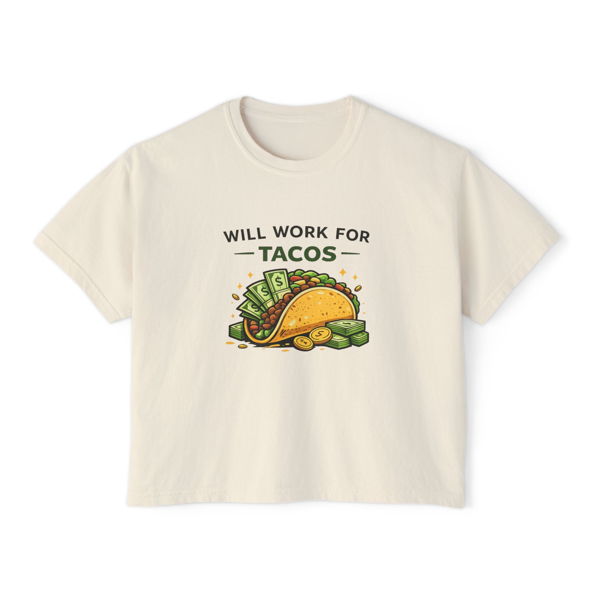 Will Work for Tacos Women's Boxy Tee — Funny Taco Lover Graphic T‑Shirt