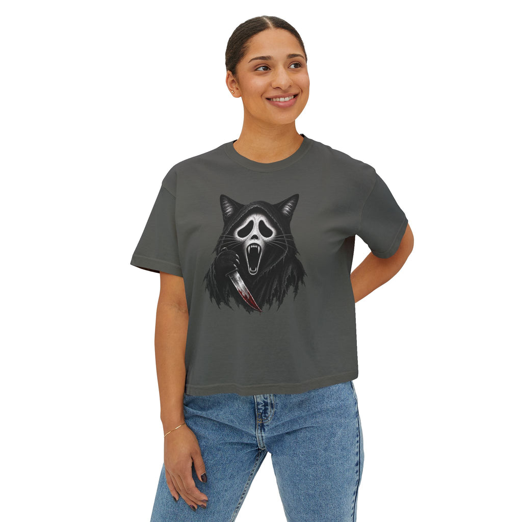 Womens Boxy Tee — Cat Ghost Mask Horror Graphic Tee