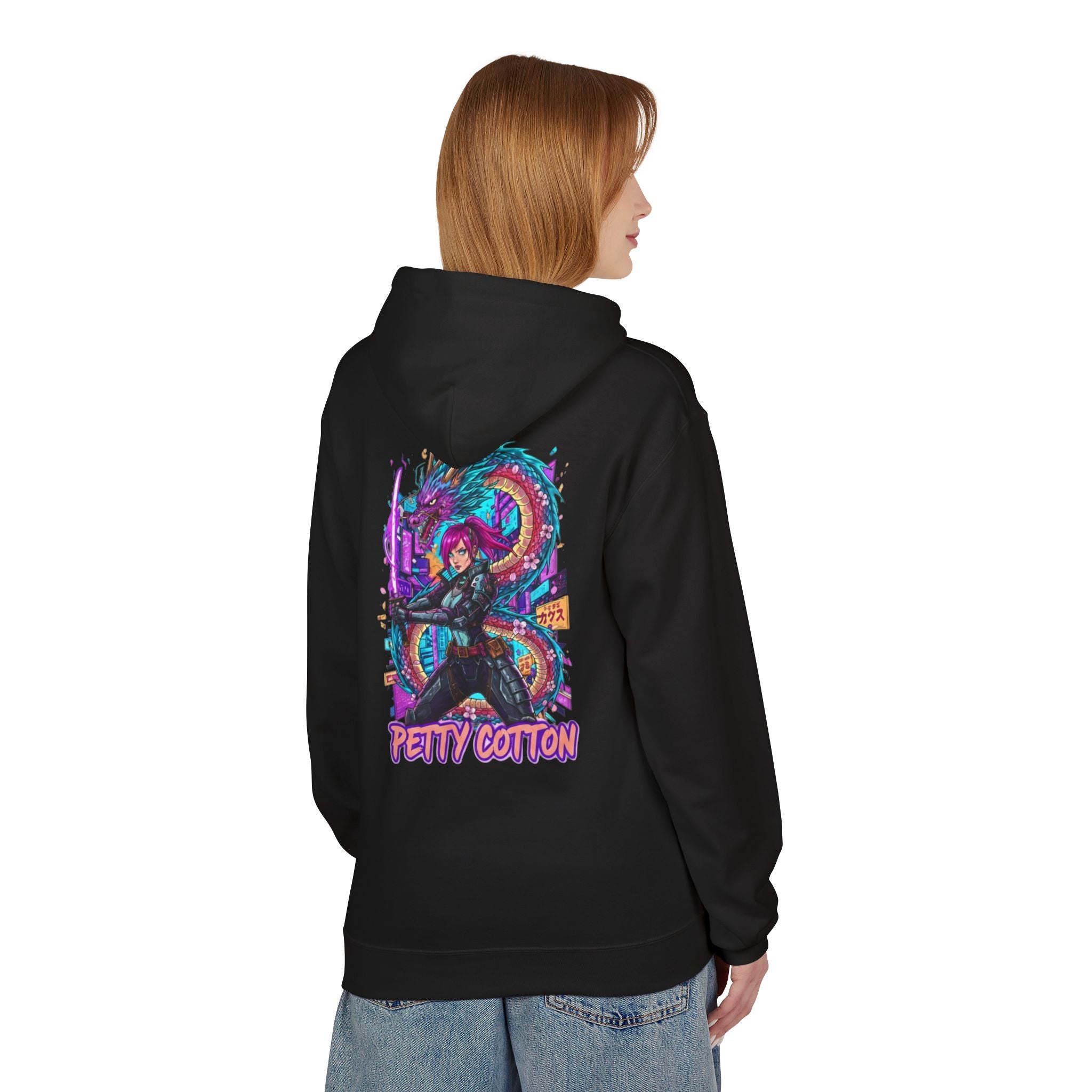 Hoodie - 'Petty Cotton' Neon Cyberpunk Dragon Graphic Hoodie (back logo)