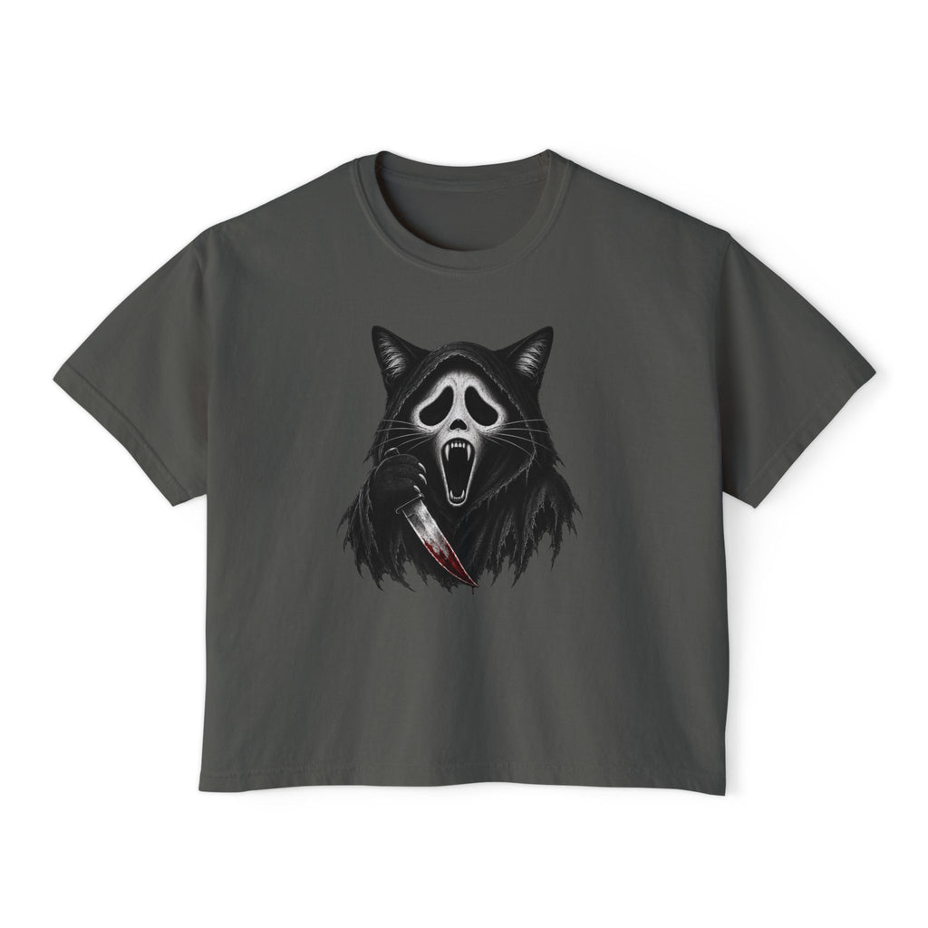 Womens Boxy Tee — Cat Ghost Mask Horror Graphic Tee