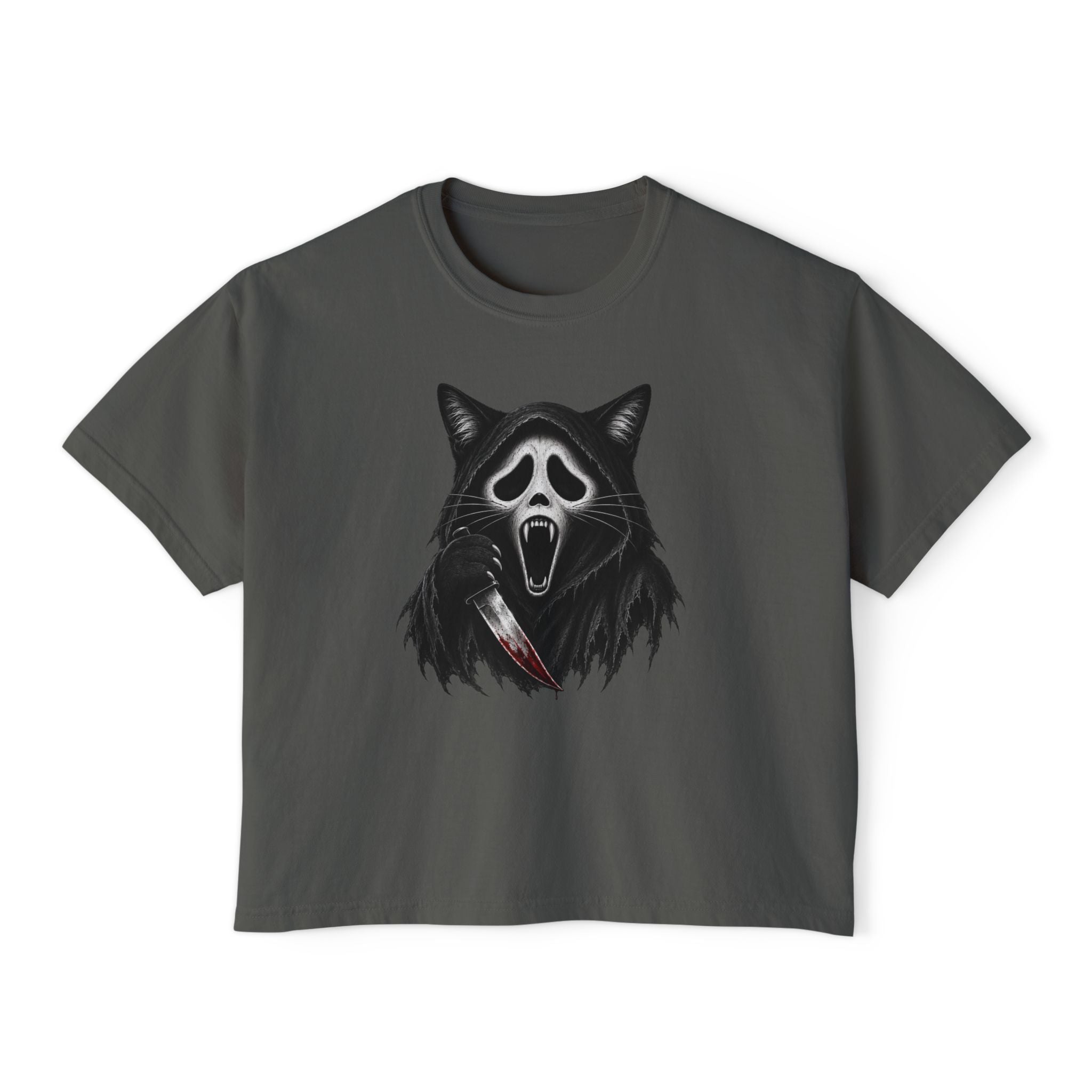 Womens Boxy Tee — Cat Ghost Mask Horror Graphic Tee