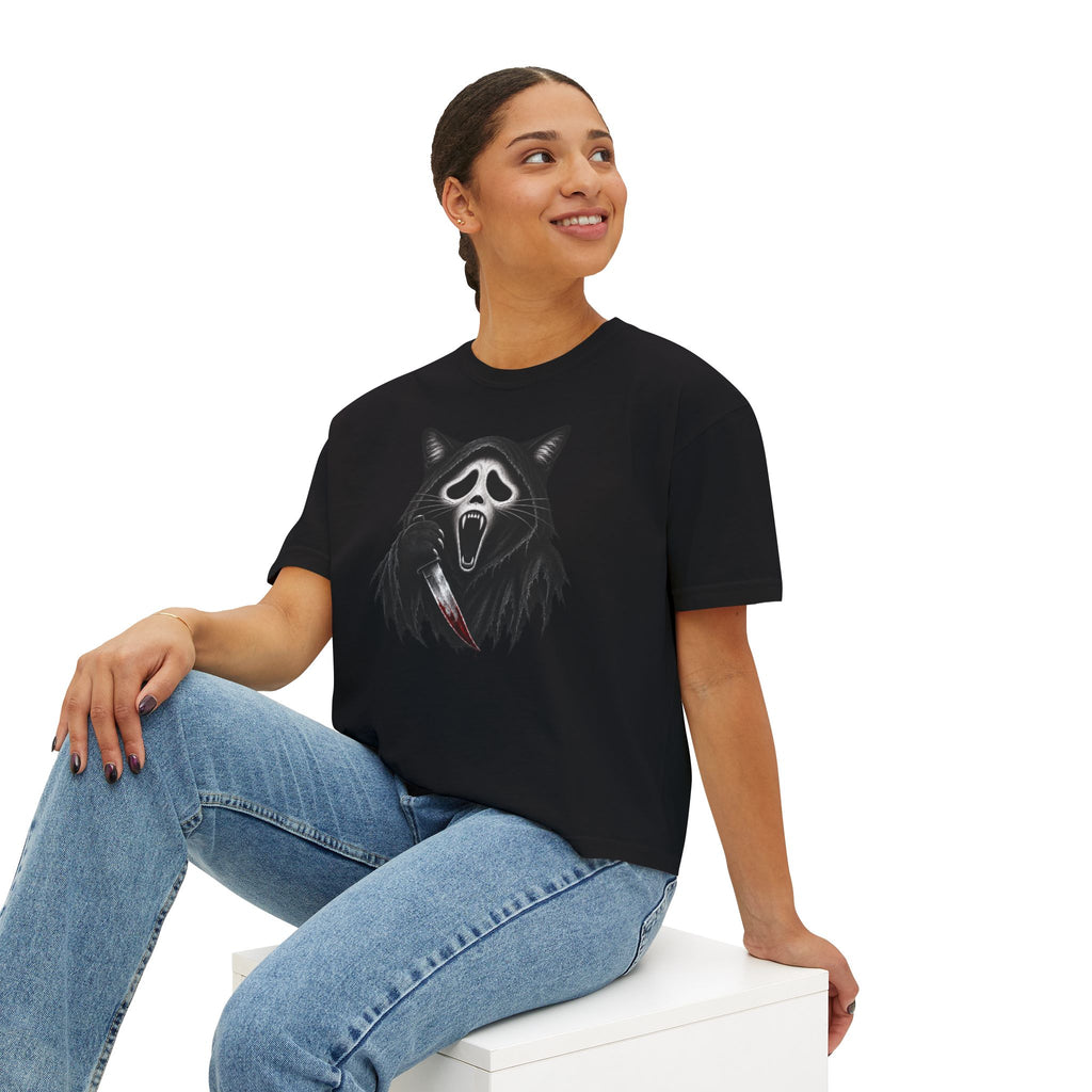 Womens Boxy Tee — Cat Ghost Mask Horror Graphic Tee