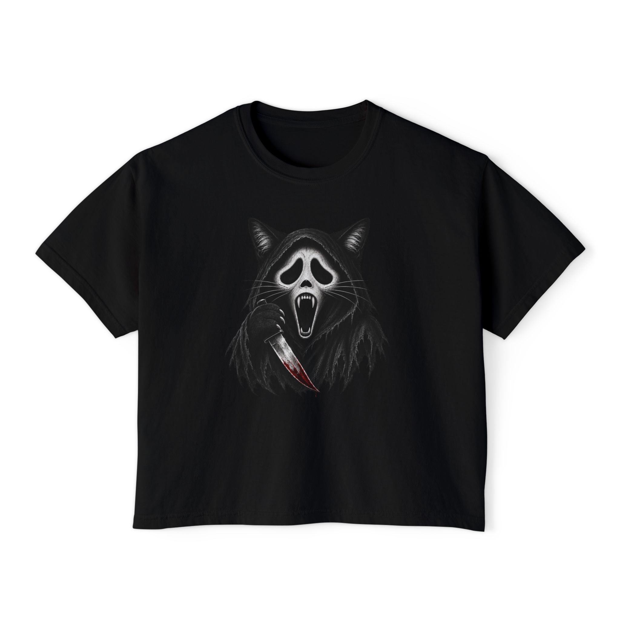 Womens Boxy Tee — Cat Ghost Mask Horror Graphic Tee