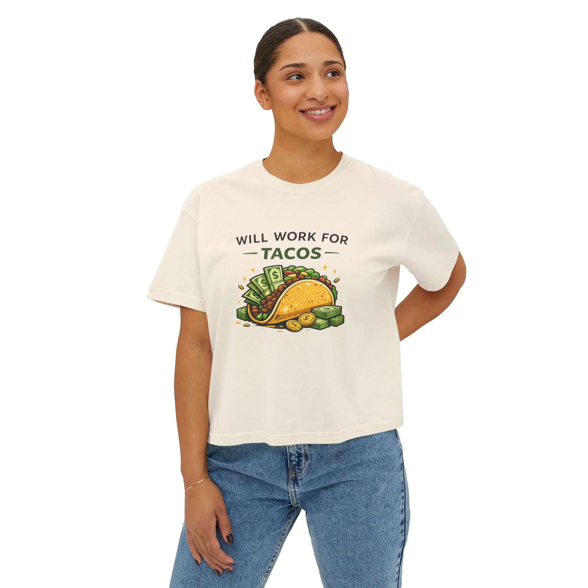 Will Work for Tacos Women's Boxy Tee — Funny Taco Lover Graphic T‑Shirt