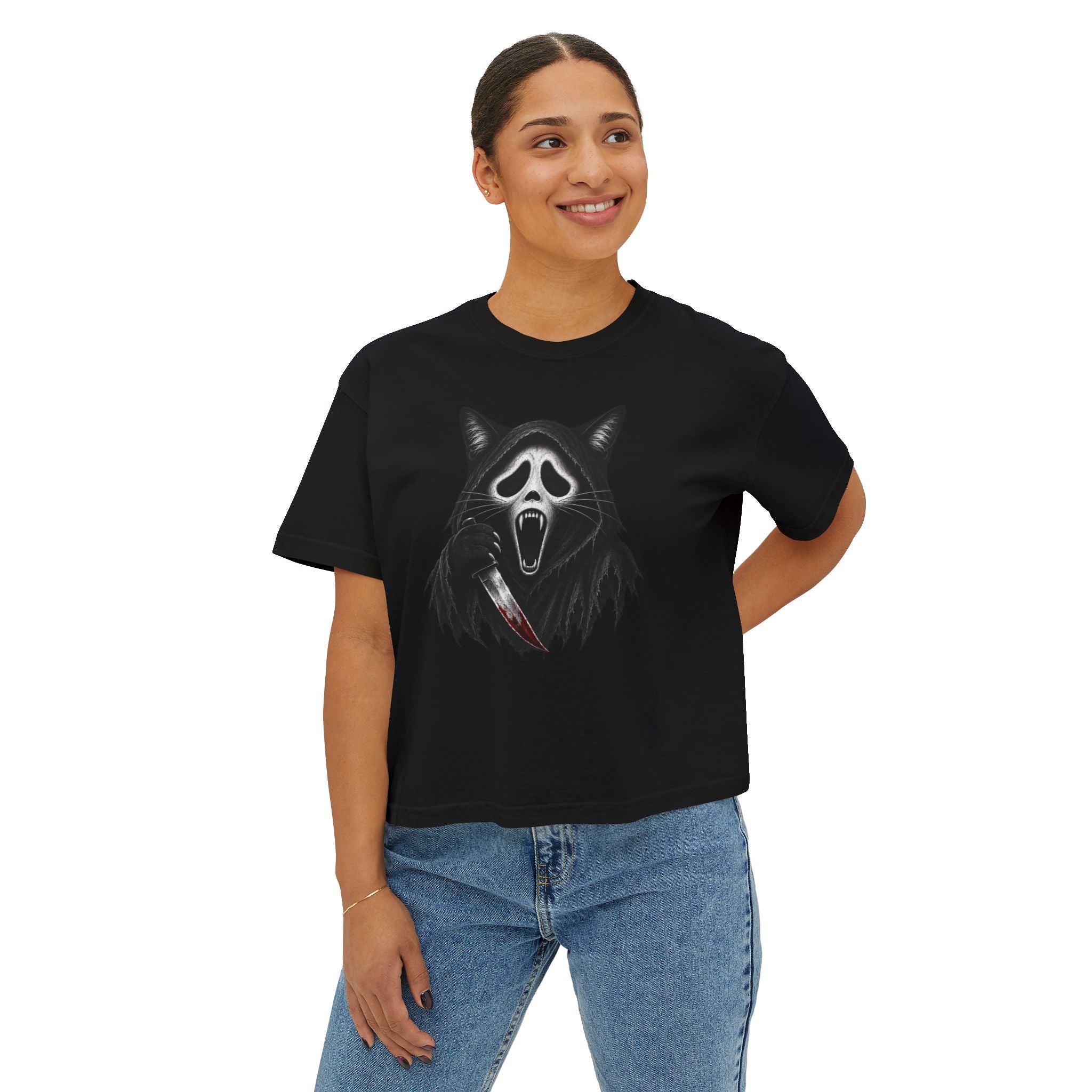 Womens Boxy Tee — Cat Ghost Mask Horror Graphic Tee
