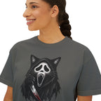 Womens Boxy Tee — Cat Ghost Mask Horror Graphic Tee