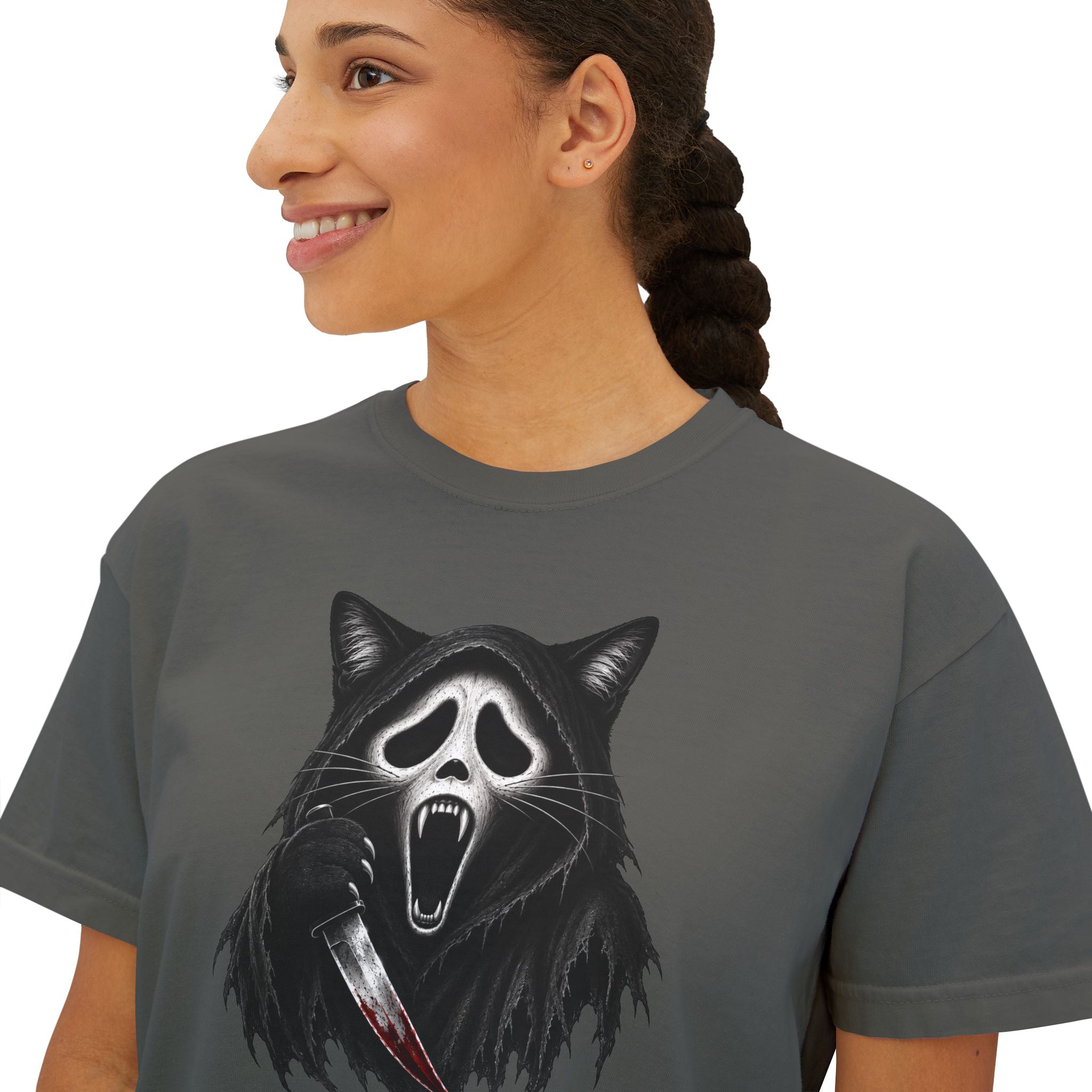 Womens Boxy Tee — Cat Ghost Mask Horror Graphic Tee