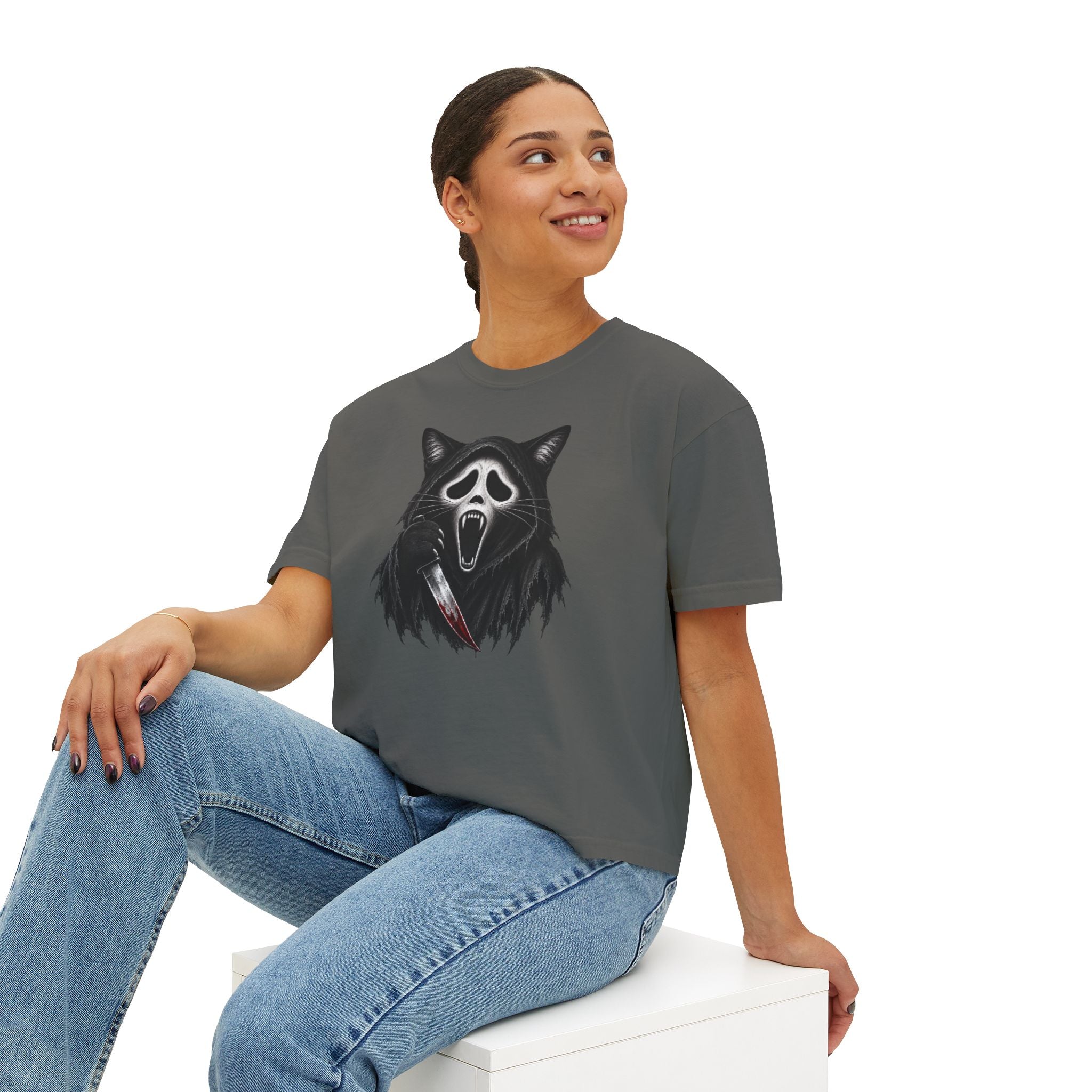 Womens Boxy Tee — Cat Ghost Mask Horror Graphic Tee