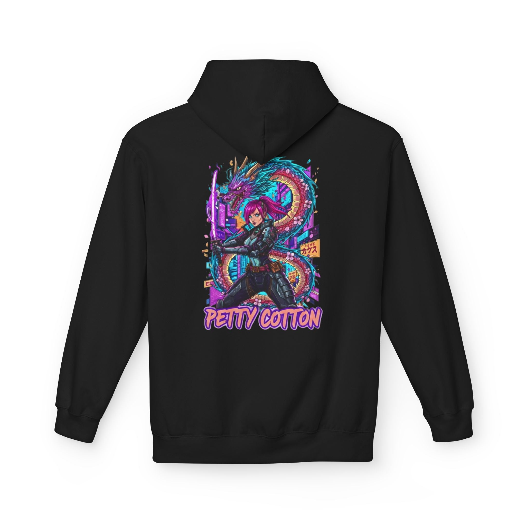 Hoodie - 'Petty Cotton' Neon Cyberpunk Dragon Graphic Hoodie (back logo)