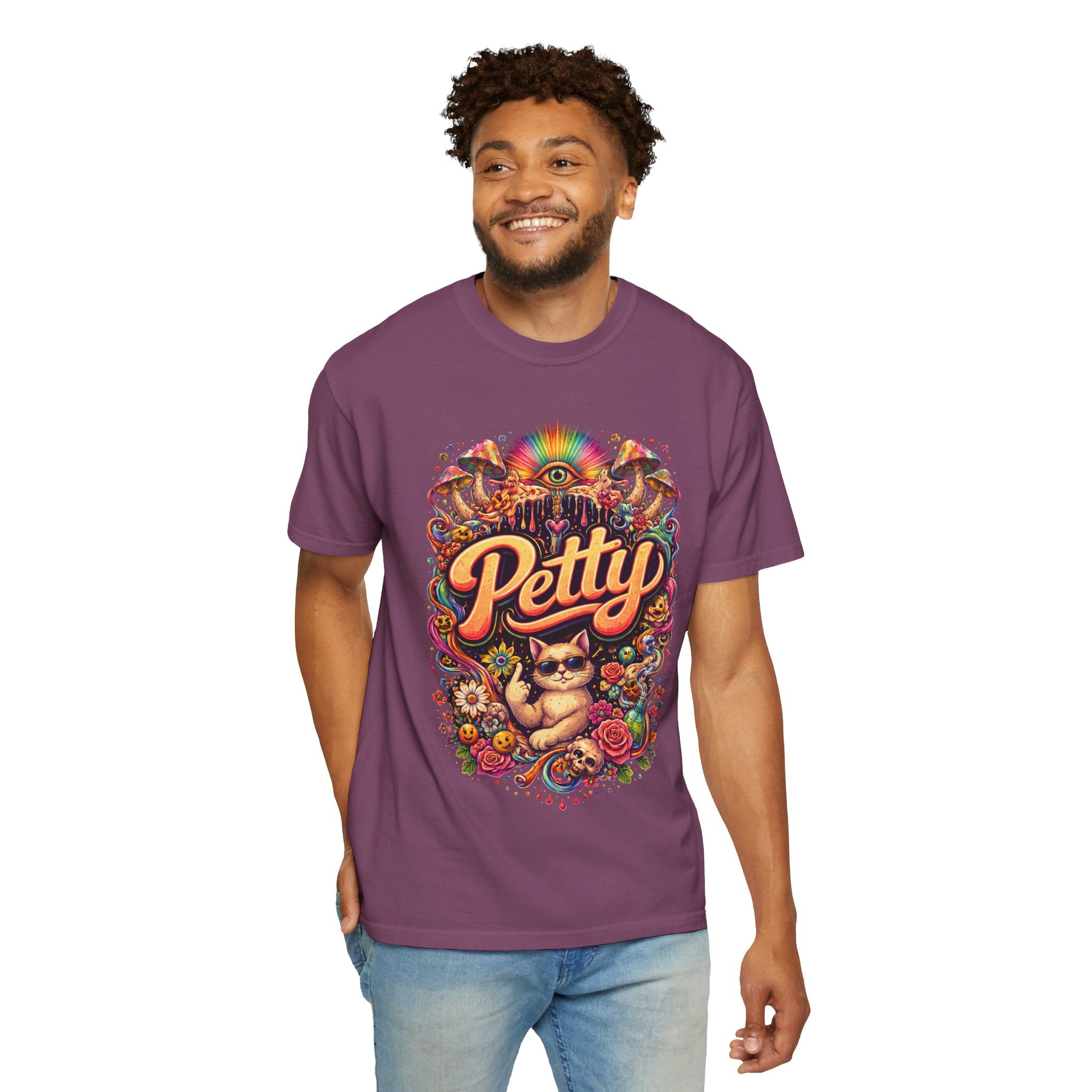 Petty Cat Vintage Tee — Retro Colorful Cat Graphic T-Shirt (Front design)