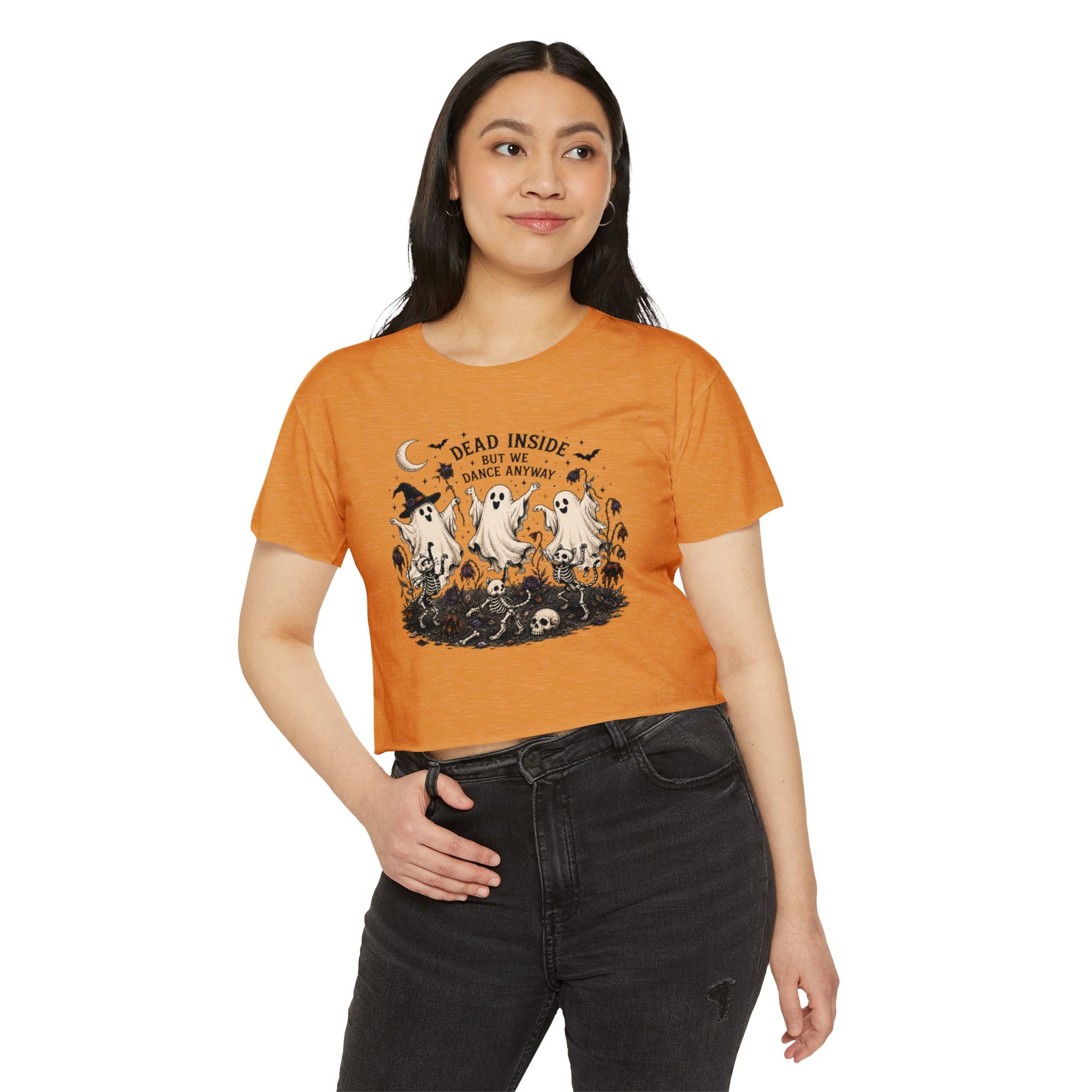 Halloween Ghost Crop Top — “Dead Inside But We Dance Anyway” Festival Tee