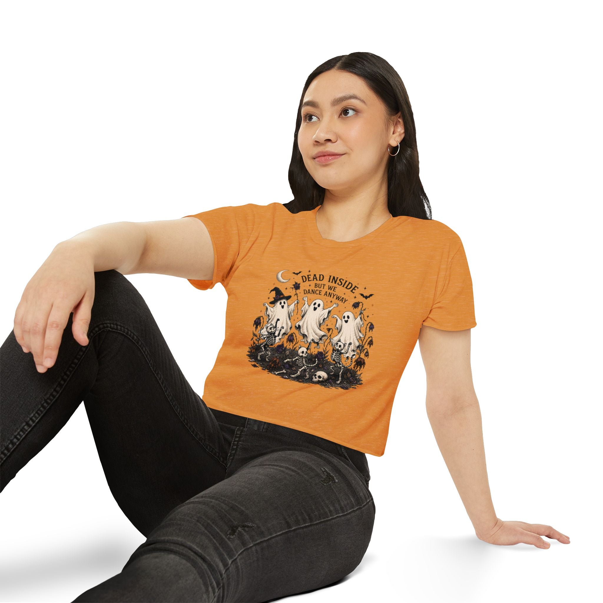 Halloween Ghost Crop Top — “Dead Inside But We Dance Anyway” Festival Tee