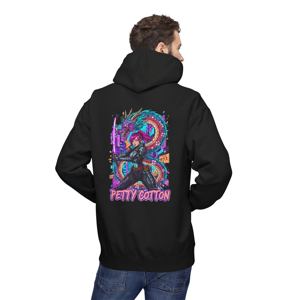 Hoodie - 'Petty Cotton' Neon Cyberpunk Dragon Graphic Hoodie (back logo)