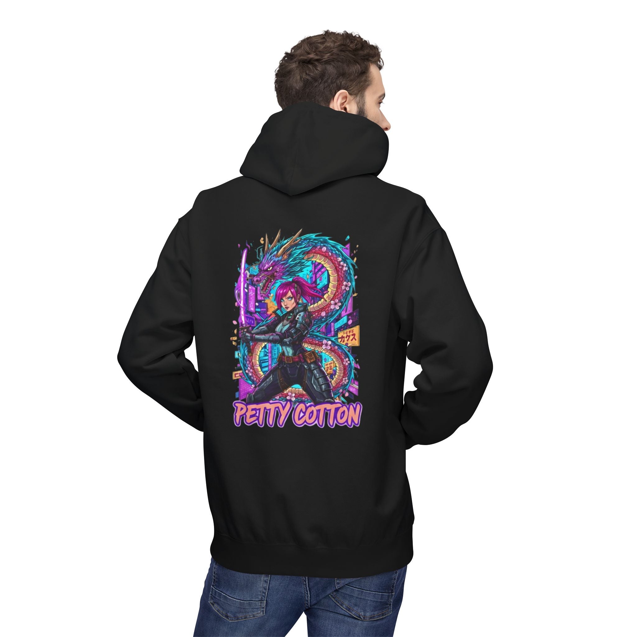 Hoodie - 'Petty Cotton' Neon Cyberpunk Dragon Graphic Hoodie (back logo)